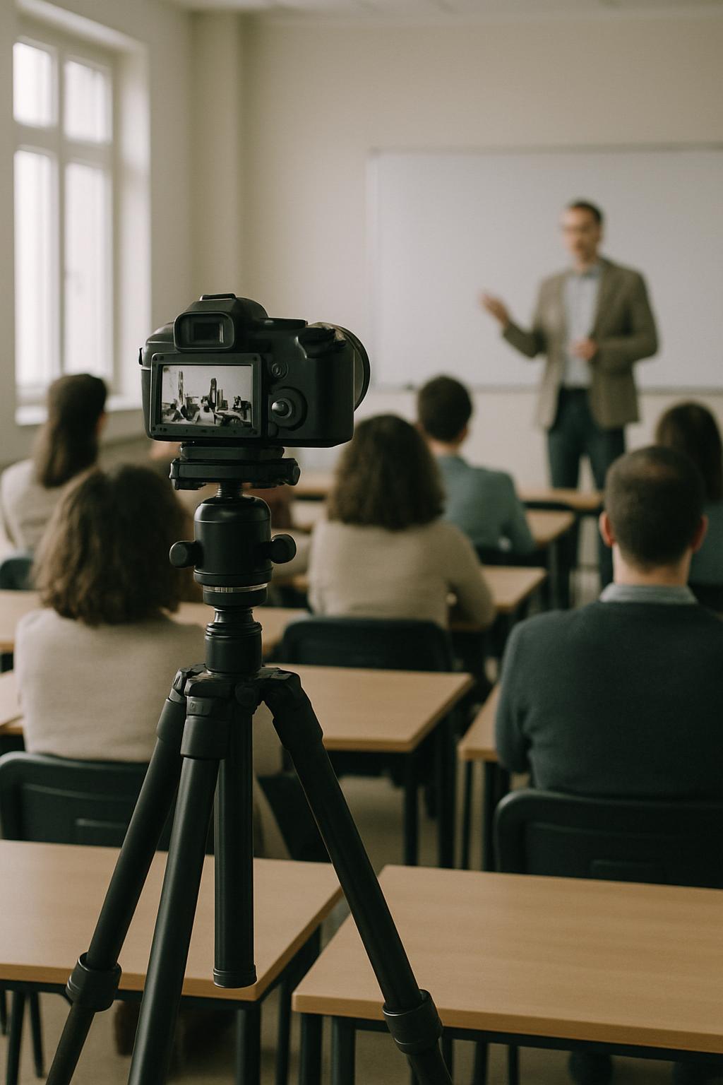 A classroom with a man standing in front of a whiteboard, addressing a group of people, while a camera is positioned on a ...