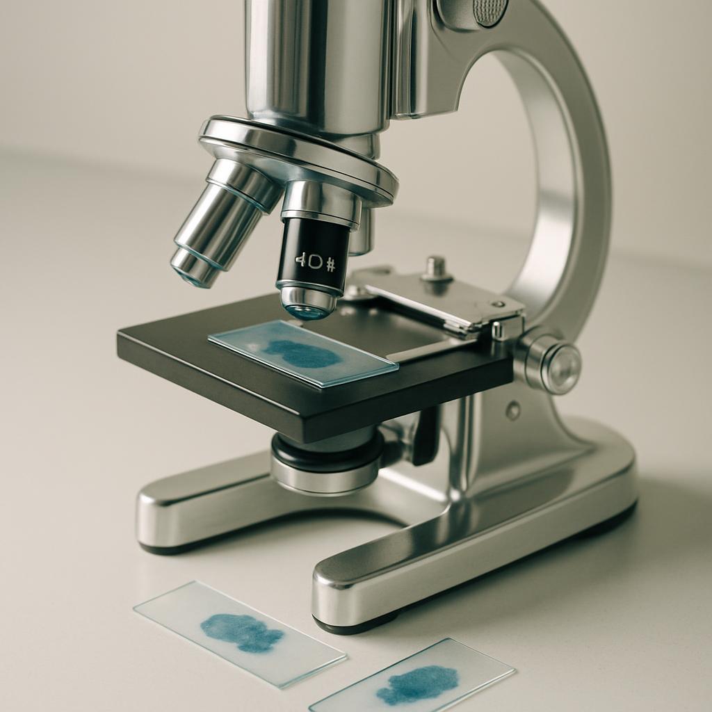 Tightly focused microscope with two slide samples on the deck.