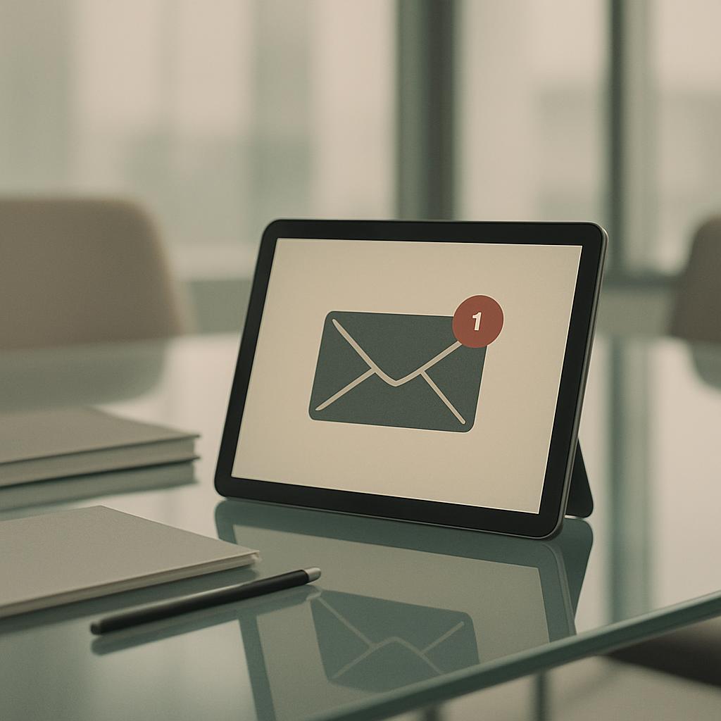 A tablet with an email icon on its screen, sitting on a table beside a notebook.