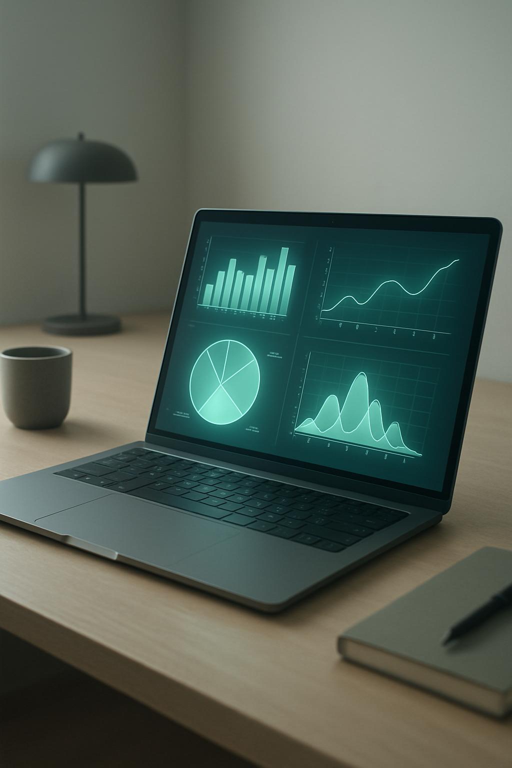 An open laptop on a desk displaying various chart types representing business data, with a cup of coffee and notebook nearby.